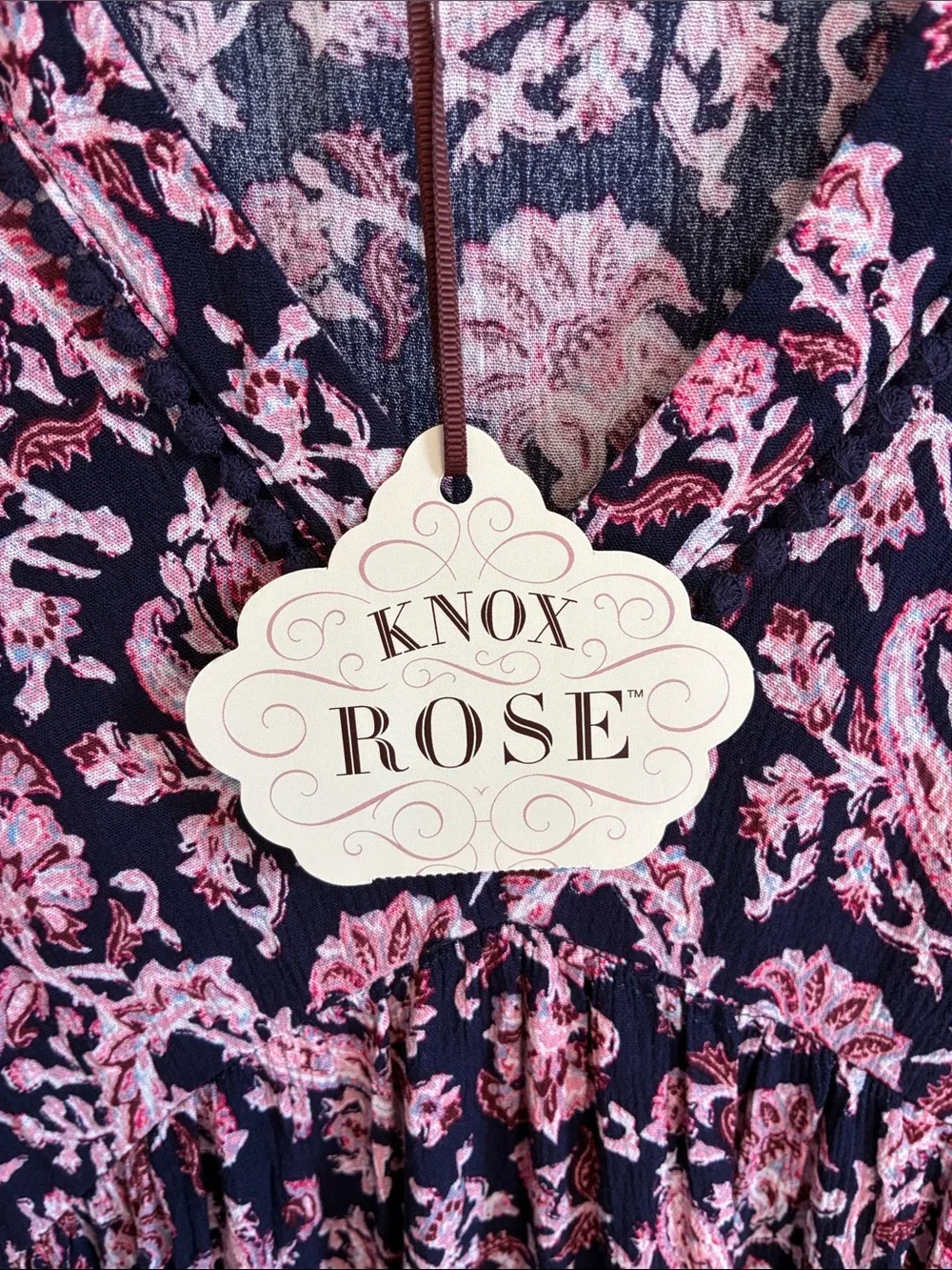 Knox Rose Navy & Pink Floral/Paisley Patterned V-Neck Dress, size XL, NWT - Picture 2 of 16